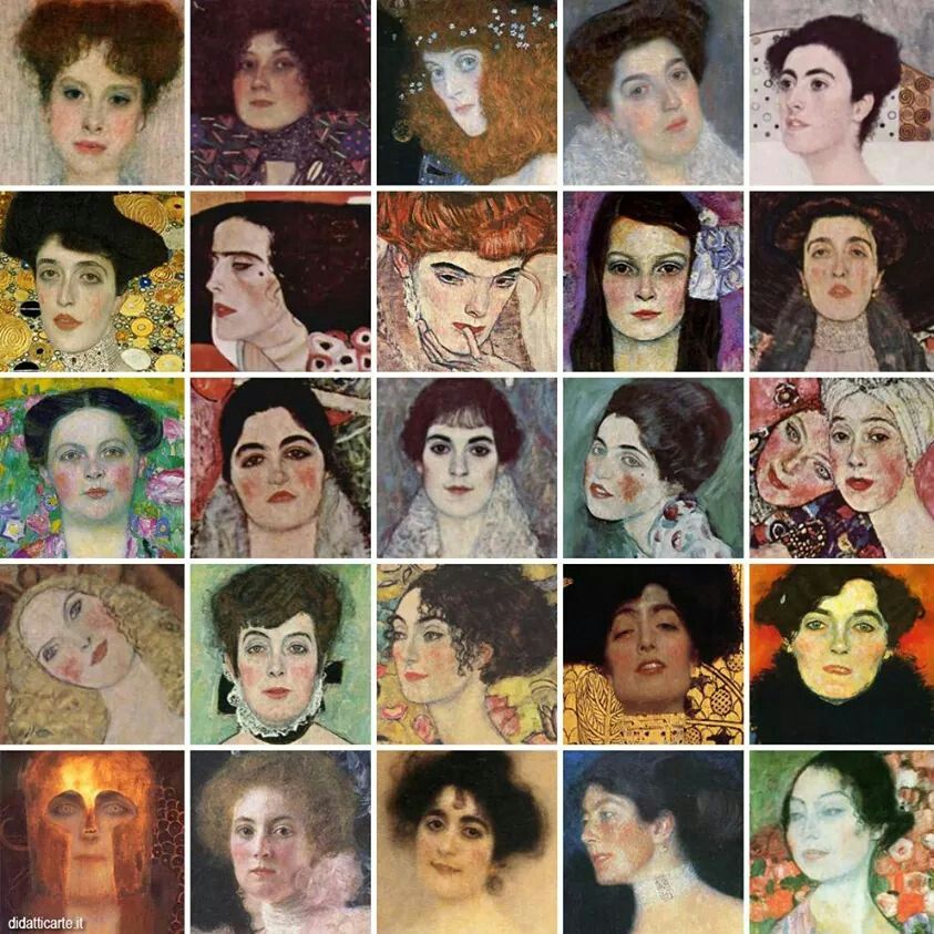 Collage of 25 Klimt-inspired portrait paintings of women in Art Nouveau style with decorative golden backgrounds