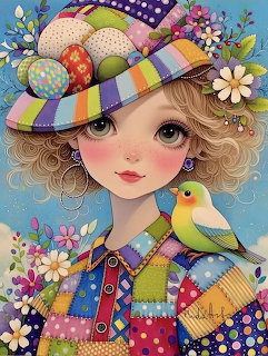 Illustrated girl with curly hair in colorful patchwork hat and clothing with floral decorations and bird
