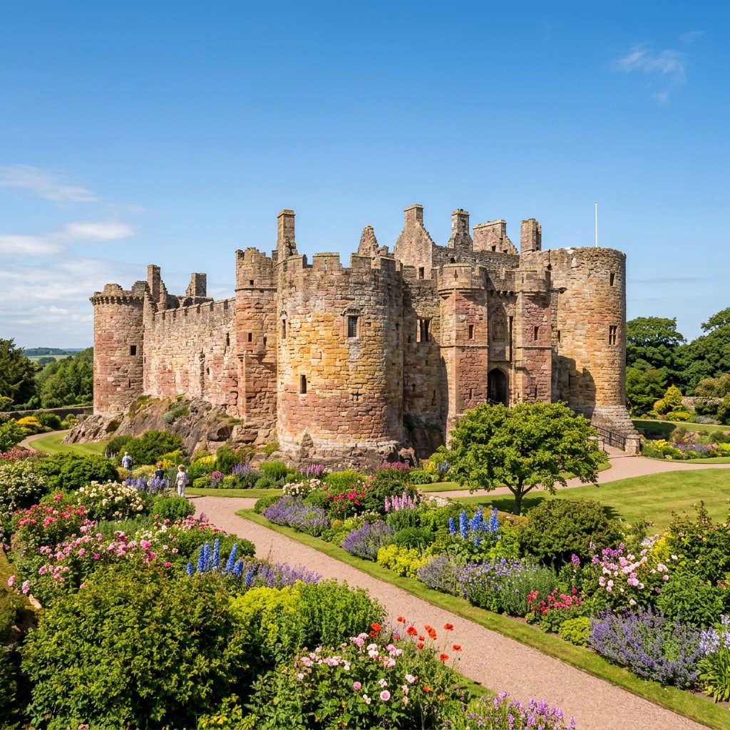 Historic stone castle ruins behind a flower garden with paths under a blue sky
