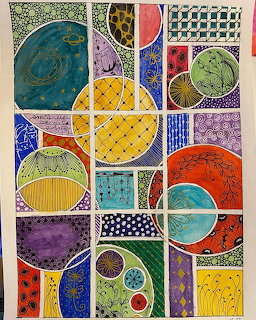 Abstract geometric art with colorful circles and patterns in grid layout