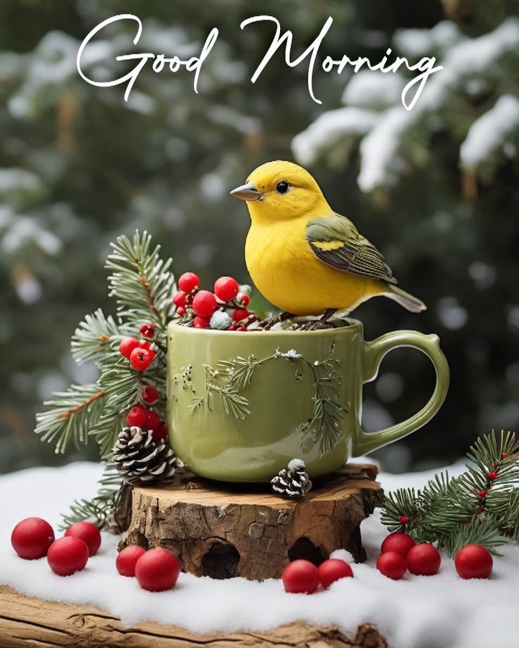 Yellow bird sitting on green mug with winter greenery, red berries and pinecones