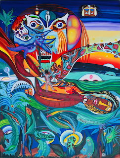 Colorful surreal painting with fantasy creatures, swirling patterns, and coastal scene in vivid blues, reds, and yellows