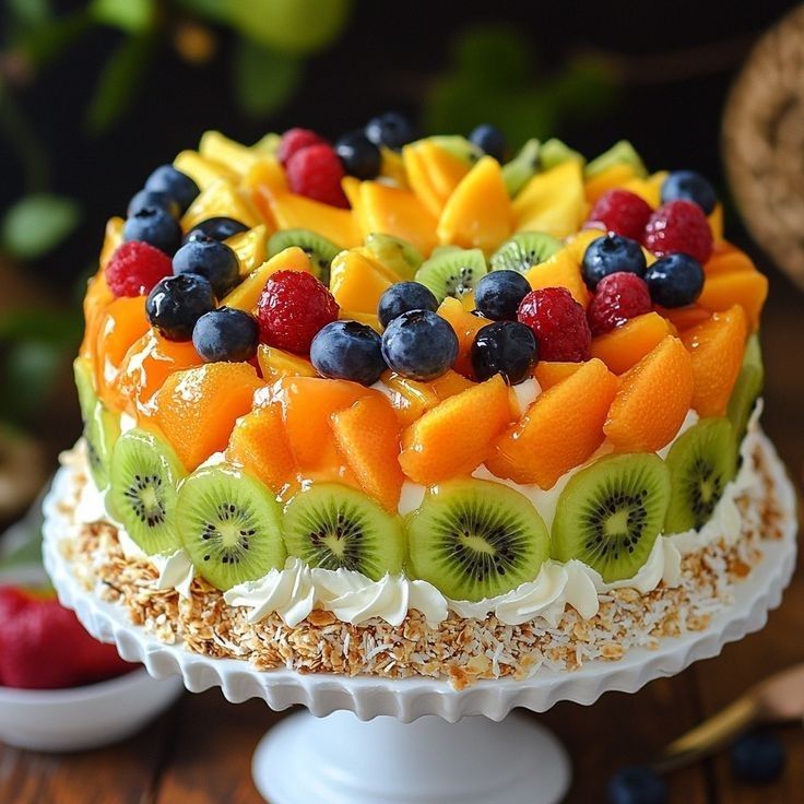 Multi-layered cake topped with arranged kiwi slices, mango, strawberries, blueberries, and raspberries on white cream