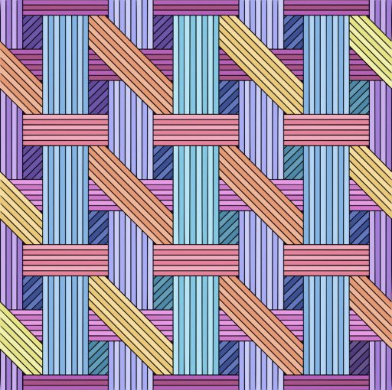 Colorful geometric pattern with interwoven striped bands in purple, blue, pink, orange and yellow