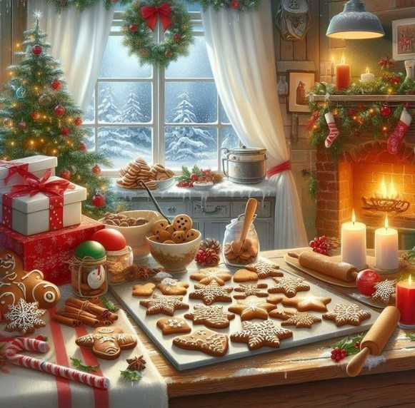 Christmas cookies on baking sheet in festive kitchen with fireplace, decorated tree, and snowy window view