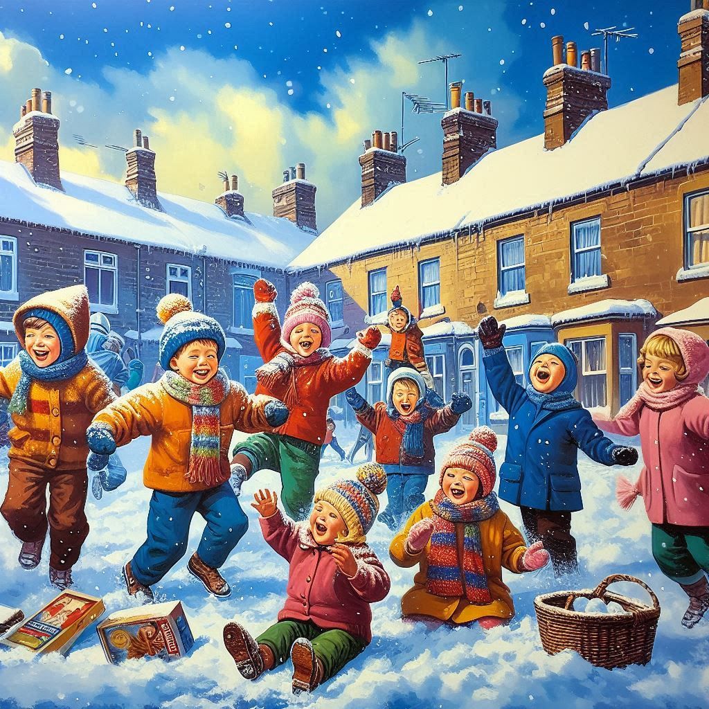 Illustration of children in winter clothes playing in the snow outside a row of houses
