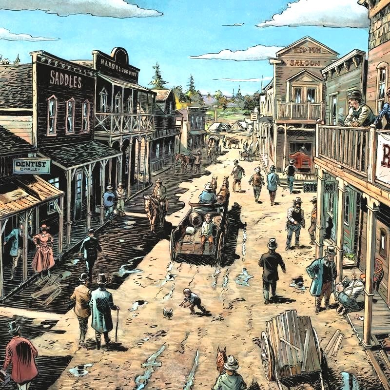 Illustration of a busy Old West town street with wooden buildings, people, horses, and wagons
