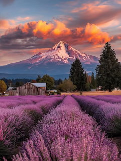 Purple lavender field with a snow-capped mountain, trees, and colorful sunset clouds