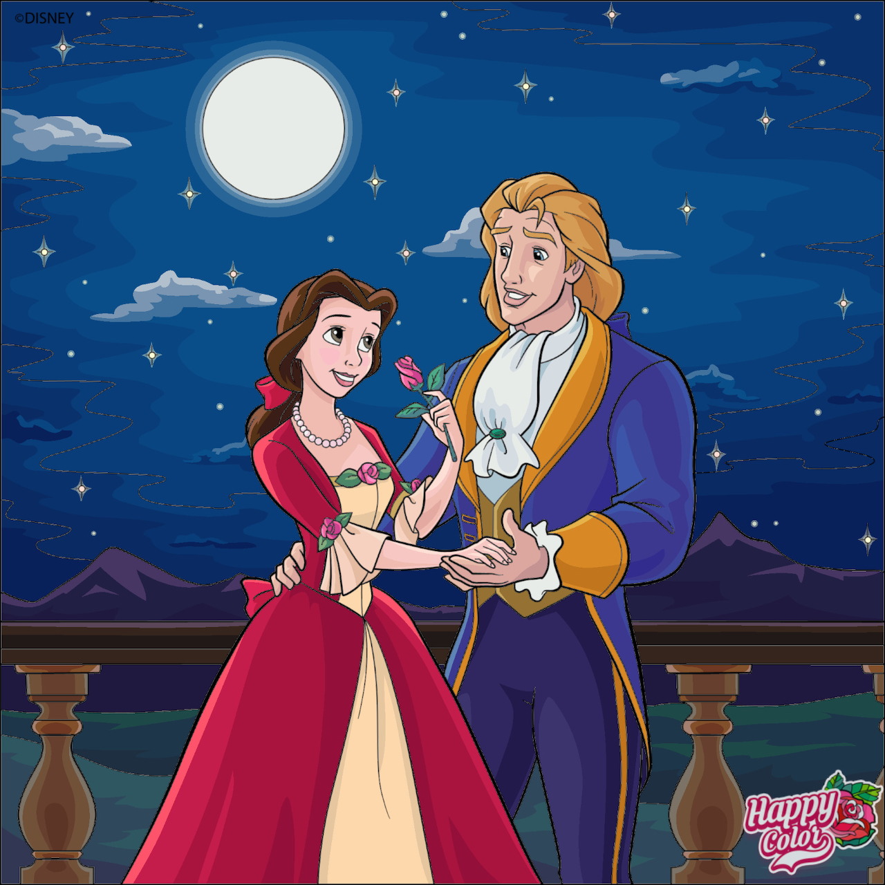 Belle and the Beast in human form dancing on a balcony under a full moon