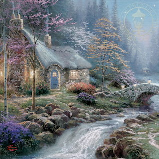 Stone cottage with lit windows by a stream at dusk, pink flowering trees and garden in soft twilight glow