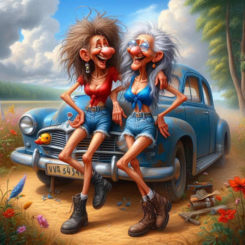 Two Women on Vintage Car