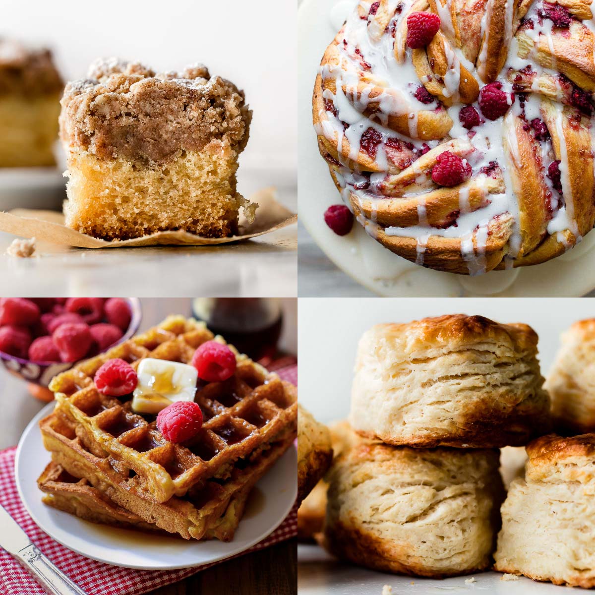 Collage of four breakfast baked goods: crumb muffin, glazed bundt cake, berry waffles, and stacked biscuits