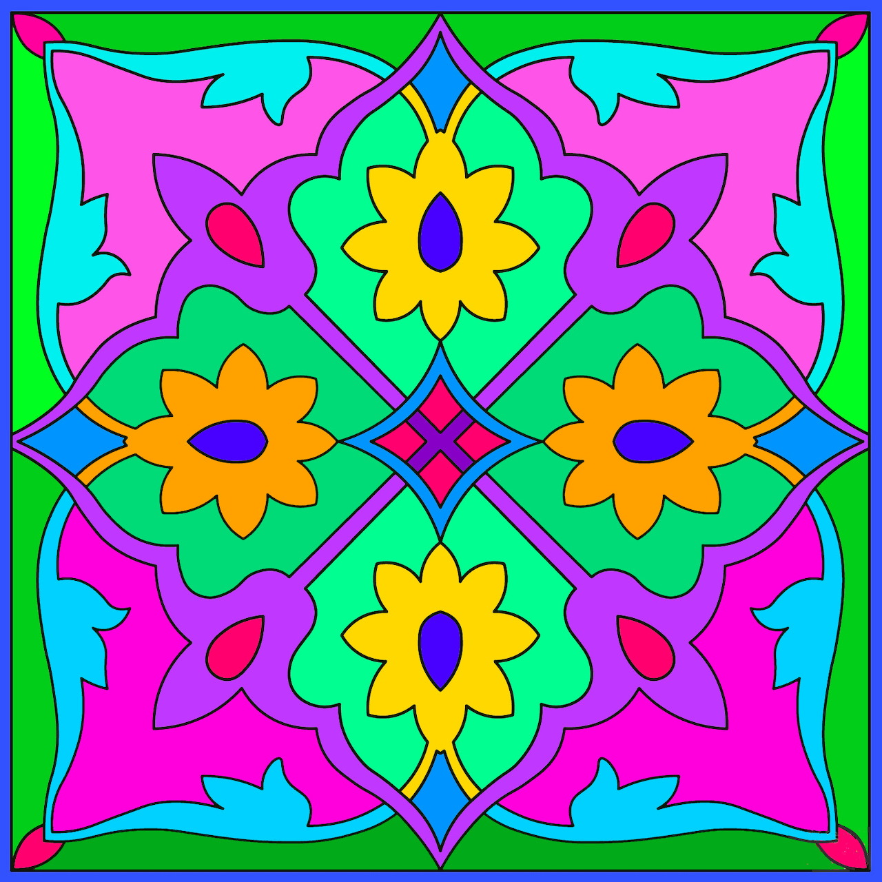 Colorful symmetrical Afghan tile pattern with floral designs in vibrant neon colors