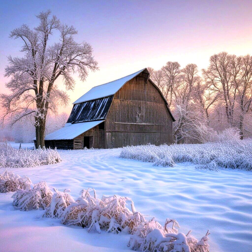 Snow-covered barn in winter landscape with frosted trees and pastel sunrise sky