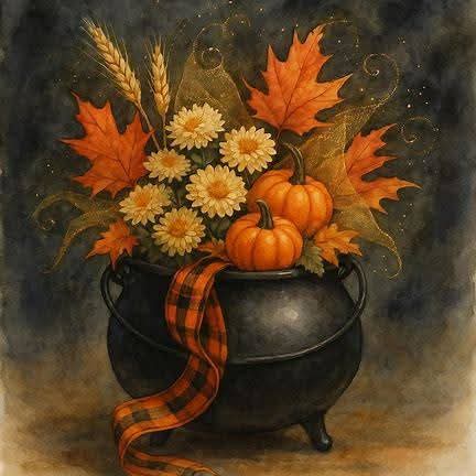 Black cauldron with autumn leaves, yellow flowers, small pumpkins, wheat, and a plaid ribbon
