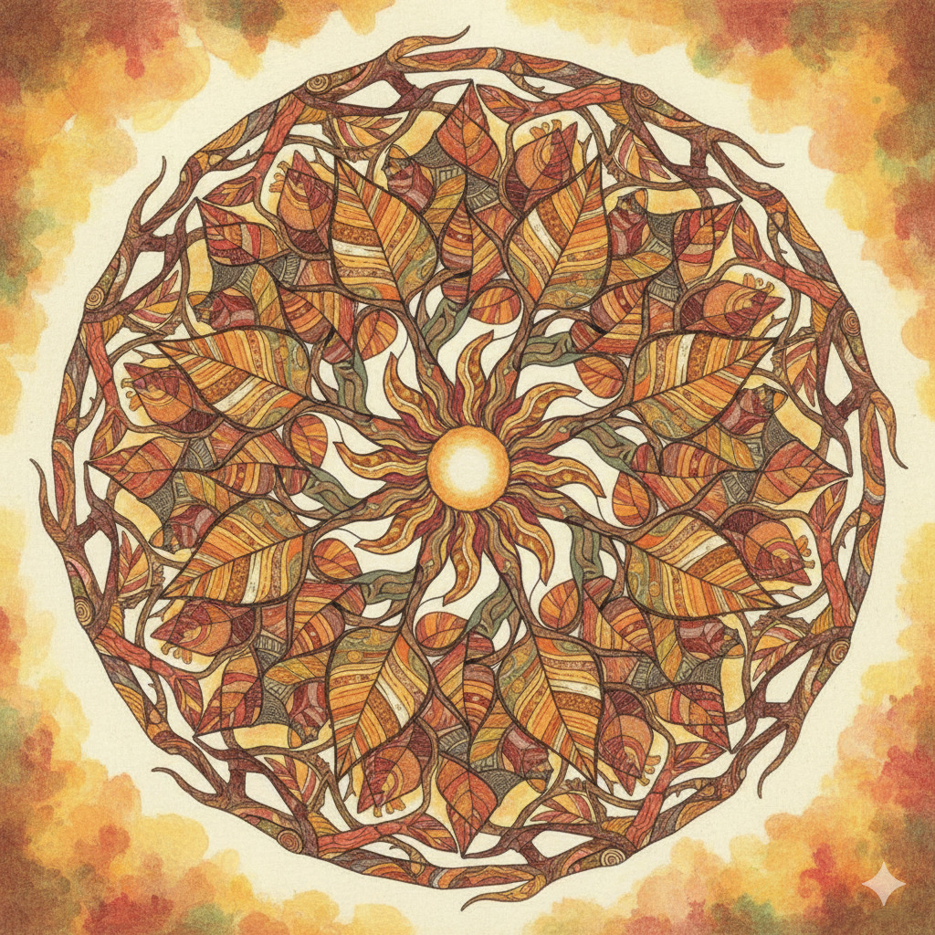 Circular mandala pattern with autumn leaves in warm orange, gold, and brown colors arranged symmetrically