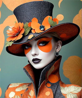 Art Deco style portrait of woman wearing ornate hat with orange flowers and geometric patterned clothing