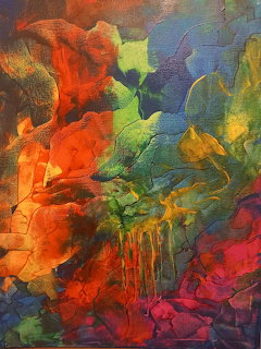 Abstract painting with vibrant overlapping brushstrokes in rainbow colors showing heavy texture and paint drips