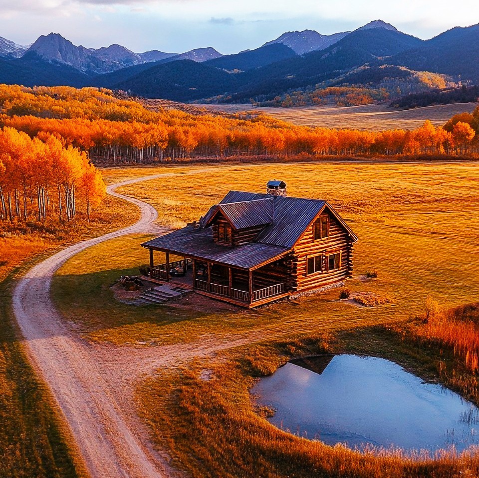 Log cabin in golden autumn valley with mountains and orange trees