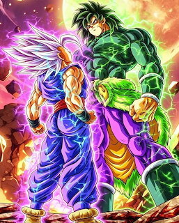 Two Dragon Ball warriors with glowing purple and green auras facing each other in intense battle pose