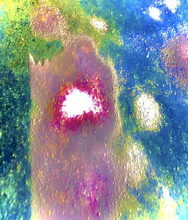 Abstract painting with soft blue, green, purple, and white textured color areas