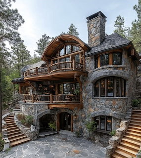 Rustic stone and wood house with balconies, chimney, and curved roof in a forest setting