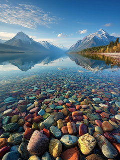 Colorful rocks beneath clear water of Lake McDonald with snow-capped mountains and reflections