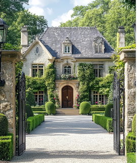 Stone manor house with ivy, dormer windows, topiary shrubs, and gravel drive through stone gate pillars