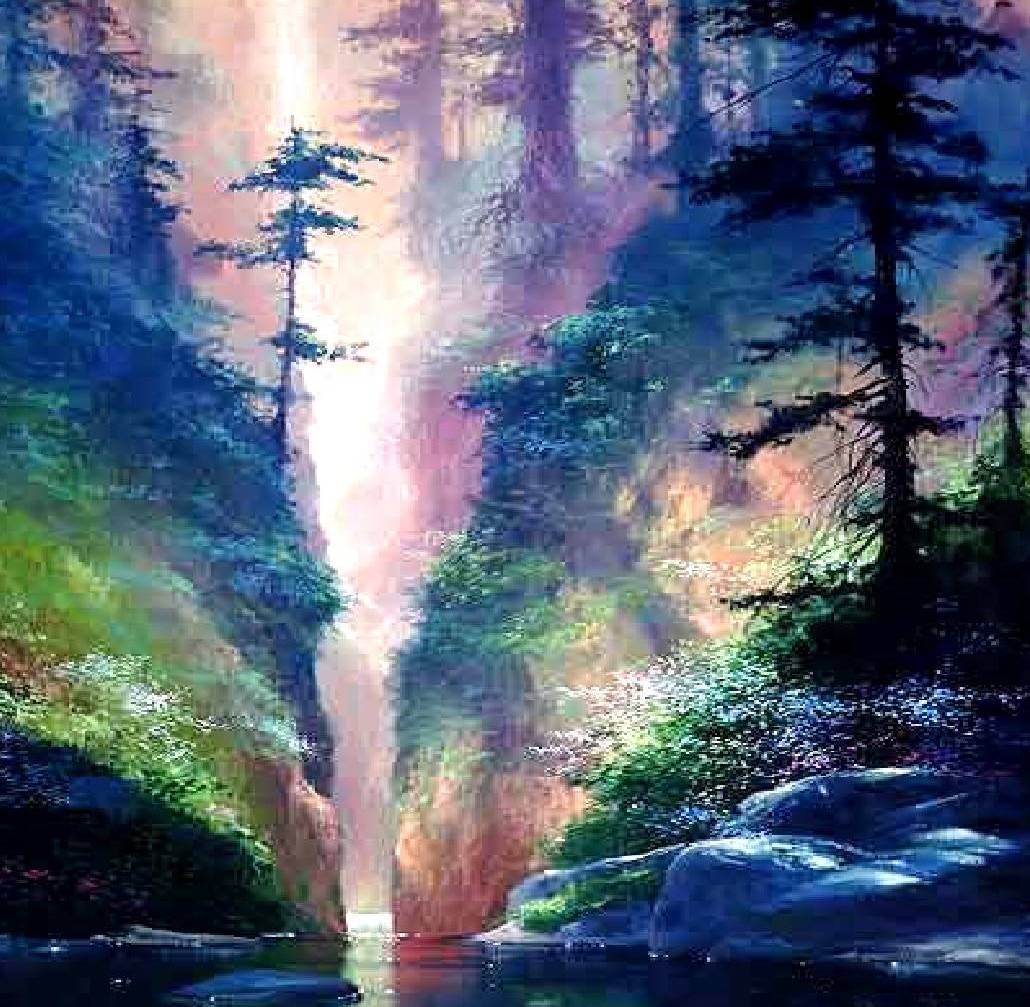 Glowing waterfall in misty forest with colorful light beams through trees