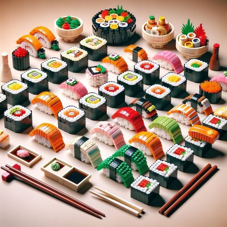 Elaborate sushi spread built entirely from LEGO bricks including rolls, nigiri, and side dishes