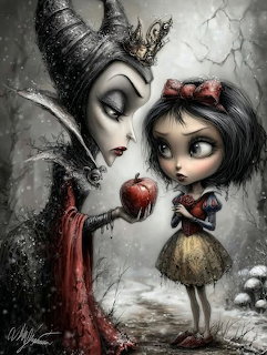 Dark fantasy illustration of Maleficent giving poisoned apple to Snow White in snowy forest