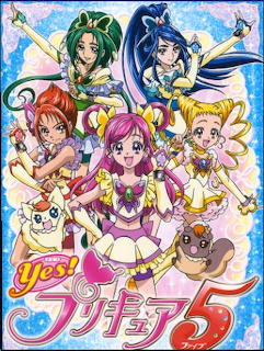 Five Yes PreCure 5 anime magical girls in colorful costumes posing together on a pink background