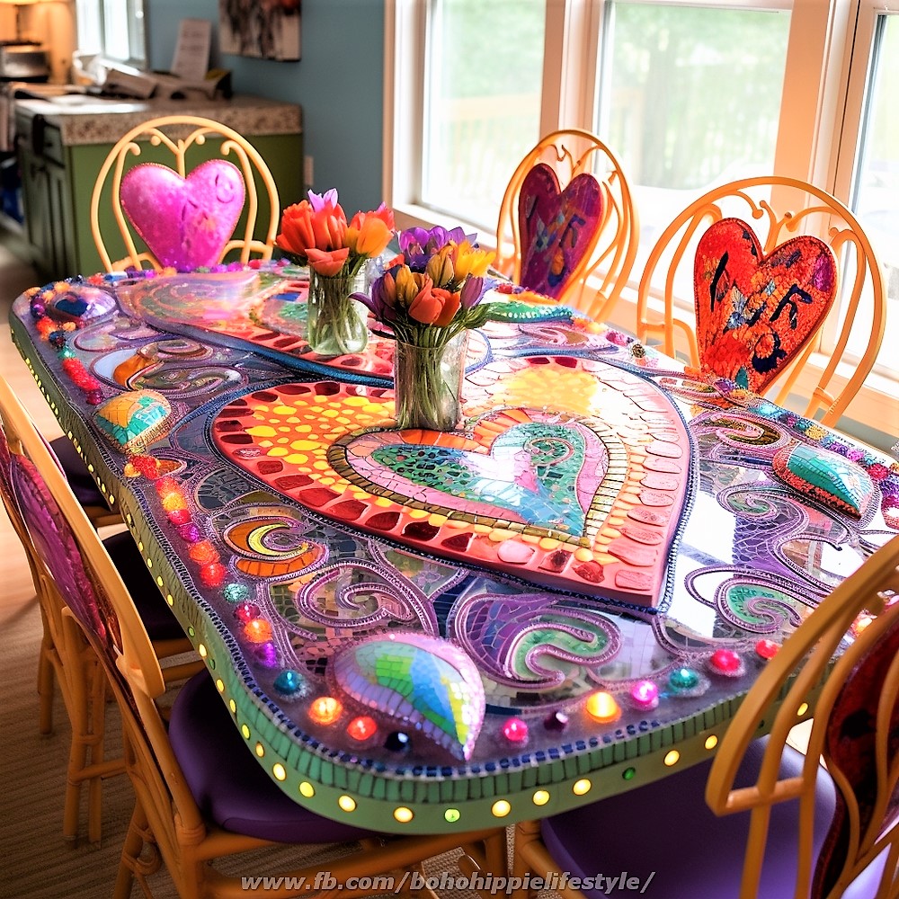 Colorful hand-painted dining table with rainbow patterns and decorated chairs in a sunny dining room