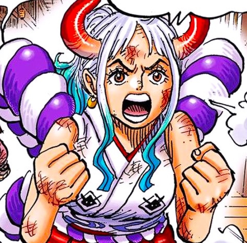 Anime character with white hair, red horns, and purple outfit showing intense emotional expression with raised fists