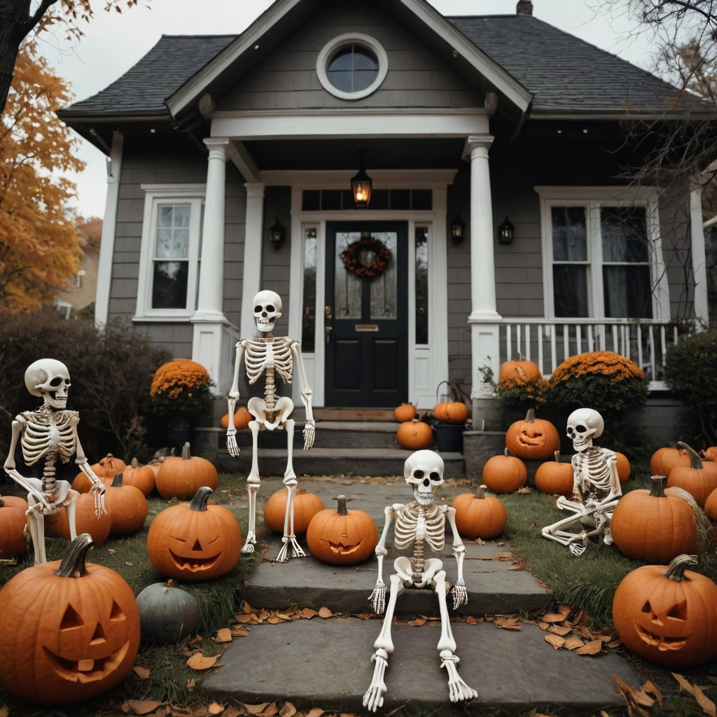Gray house porch decorated with skeletons and pumpkins for Halloween