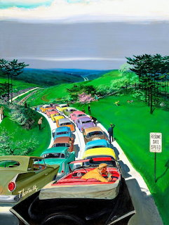 Vintage illustration of colorful cars on a winding road through green hills