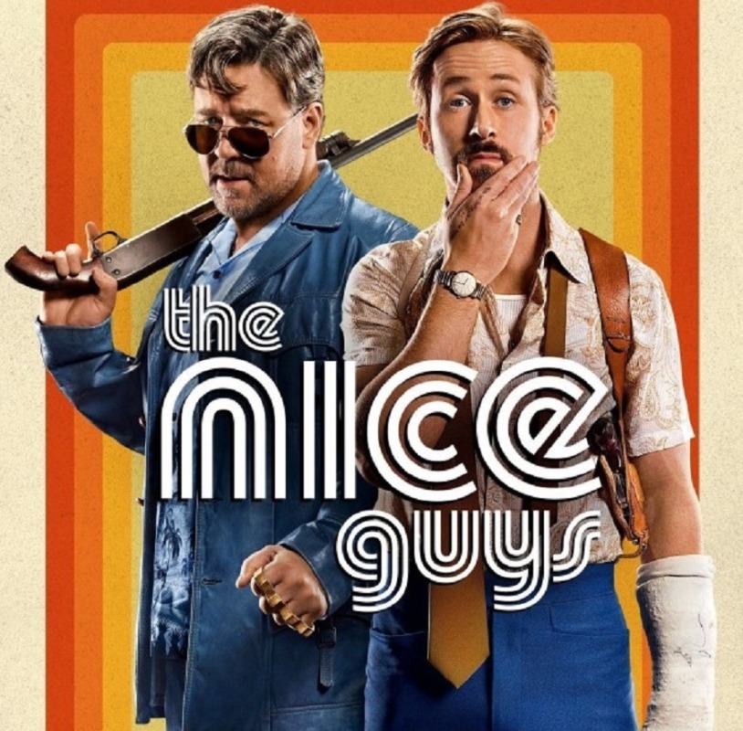 Movie poster for The Nice Guys showing two men in retro clothing against an orange background