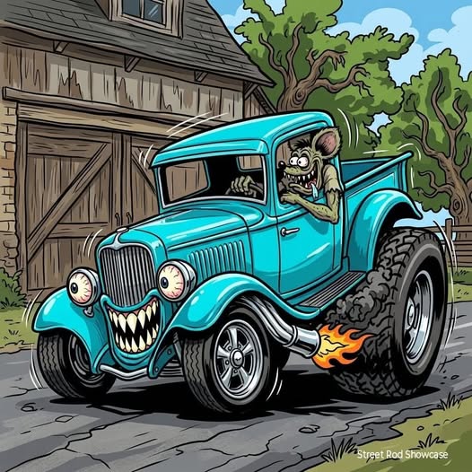 Cartoon blue hot rod with a monster face grille parked by a rustic barn