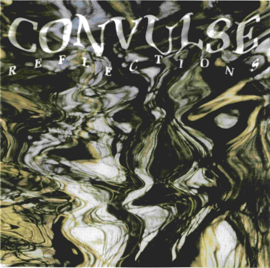 Abstract image with distorted reflections in black, white, and olive tones and text at the top