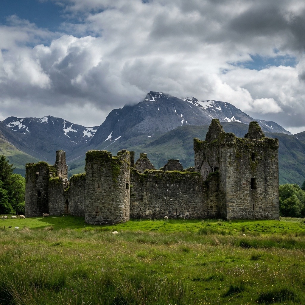 Ruins of Inverlochy Castle in a grassy field with a mountain and cloudy sky in the background