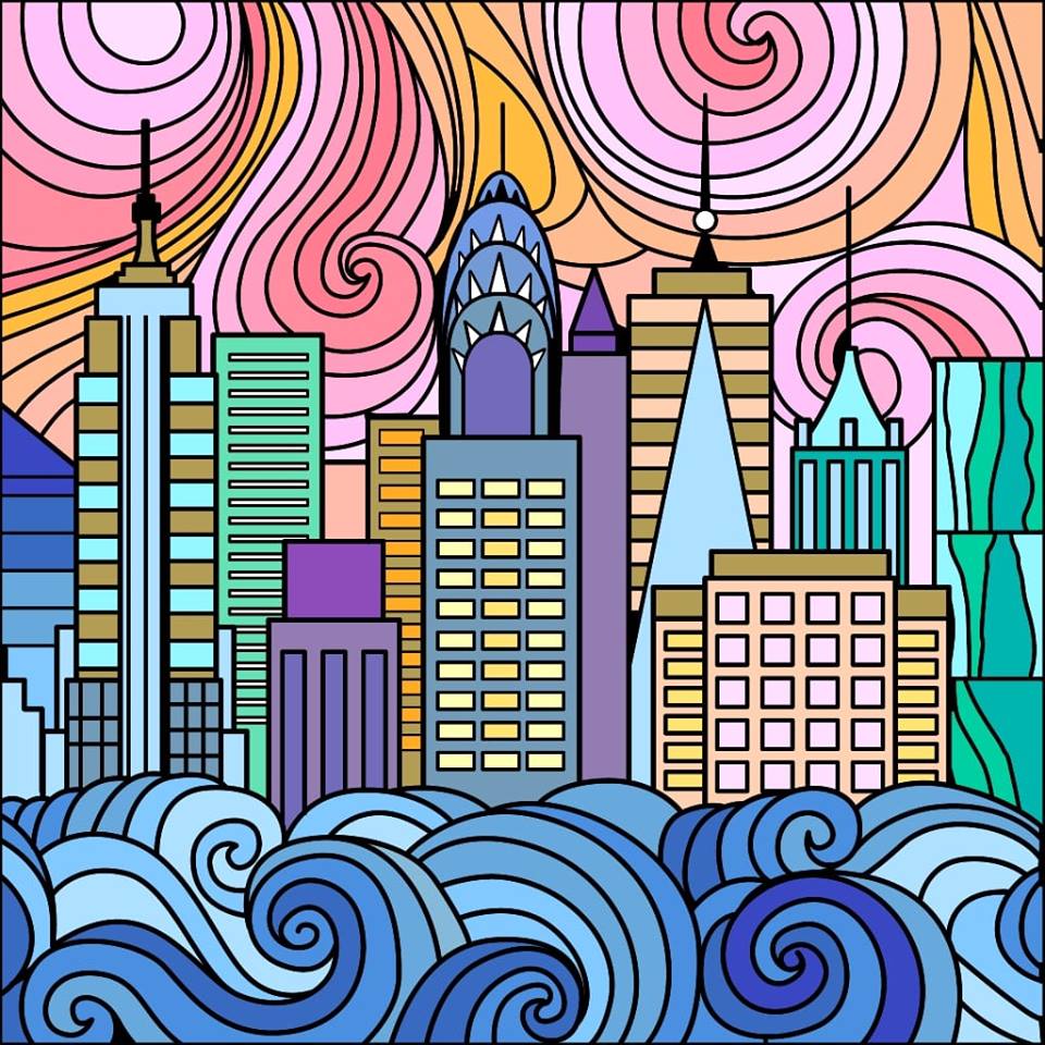 Colorful illustrated cityscape with swirling sky and wave patterns in pink, blue, yellow, and orange tones