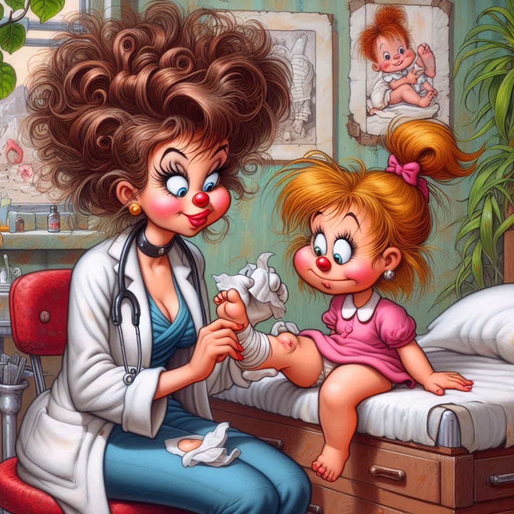 Cartoon doctor bandaging a little girl's hurt leg in a medical office
