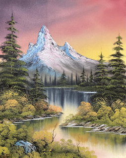 Oil painting of snowy mountain peak reflected in tranquil lake with pine trees and colorful sunset sky
