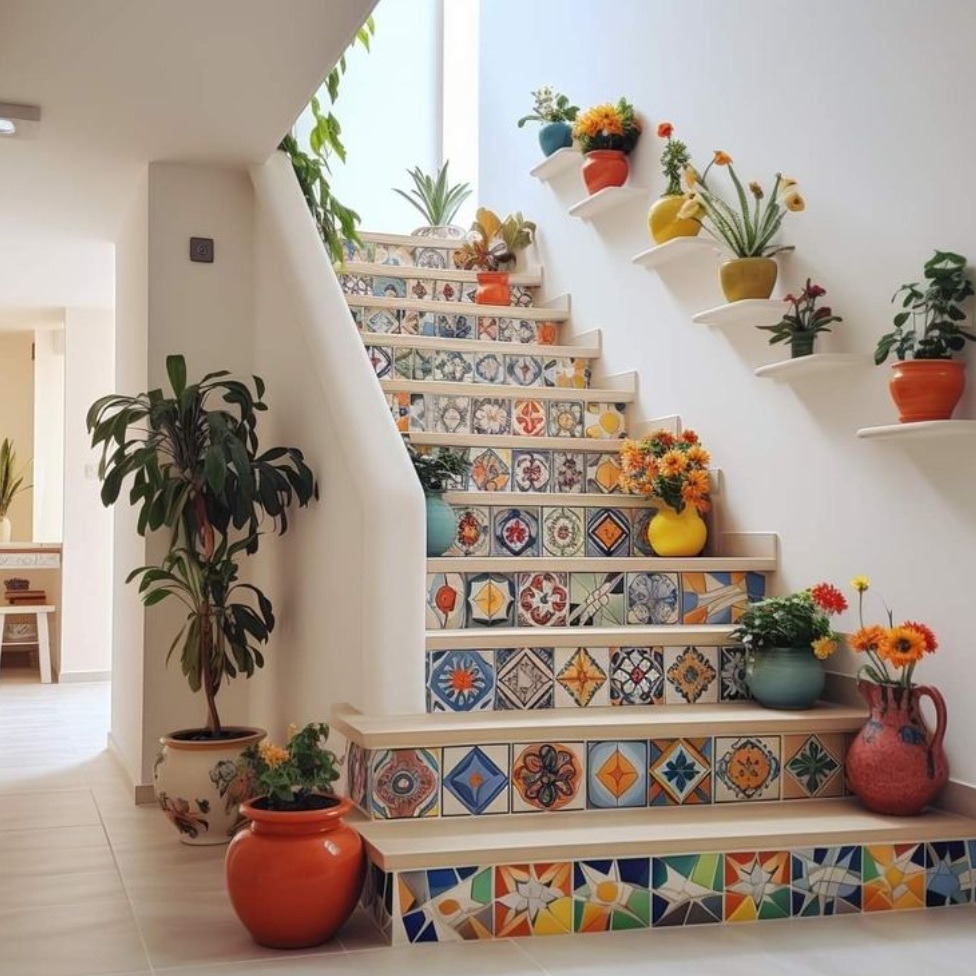 Indoor staircase with colorful patterned tiles, potted plants, and white walls