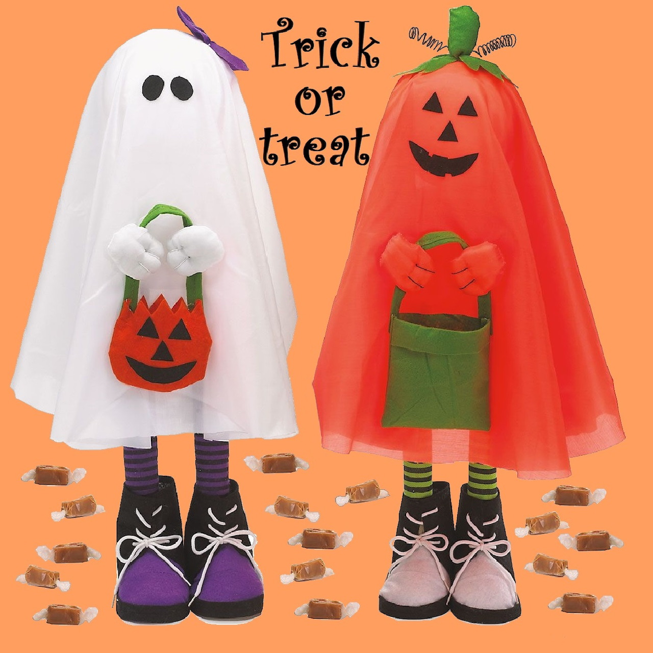 Two kids in ghost and pumpkin costumes with candy buckets and scattered treats on orange background