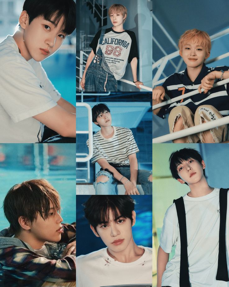 Collage of seven young male K-pop artists in casual clothing with blue and white backgrounds