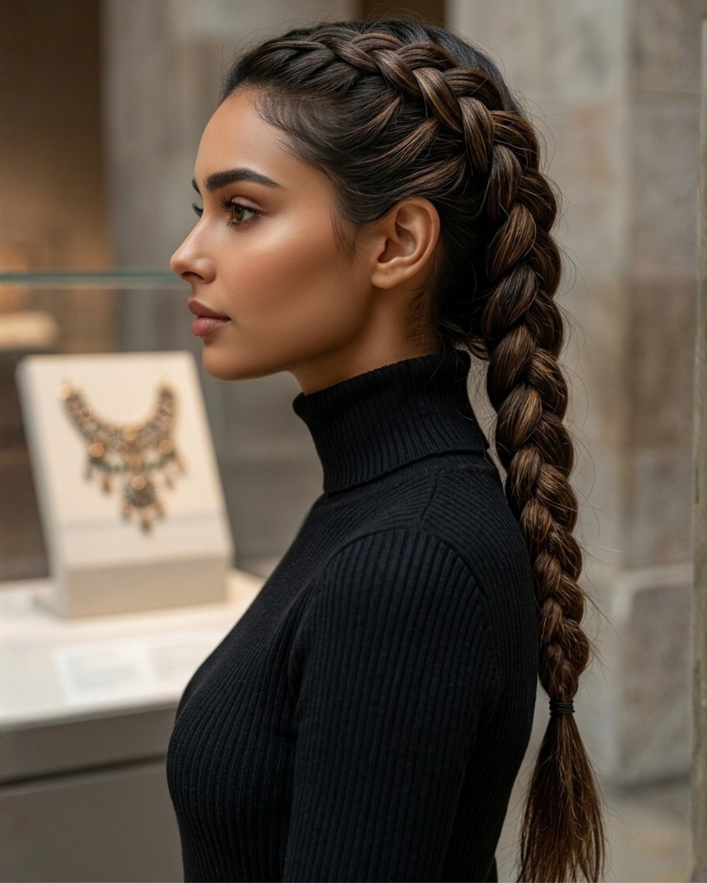 Side profile of a brunette woman with a long braid wearing a black turtleneck indoors