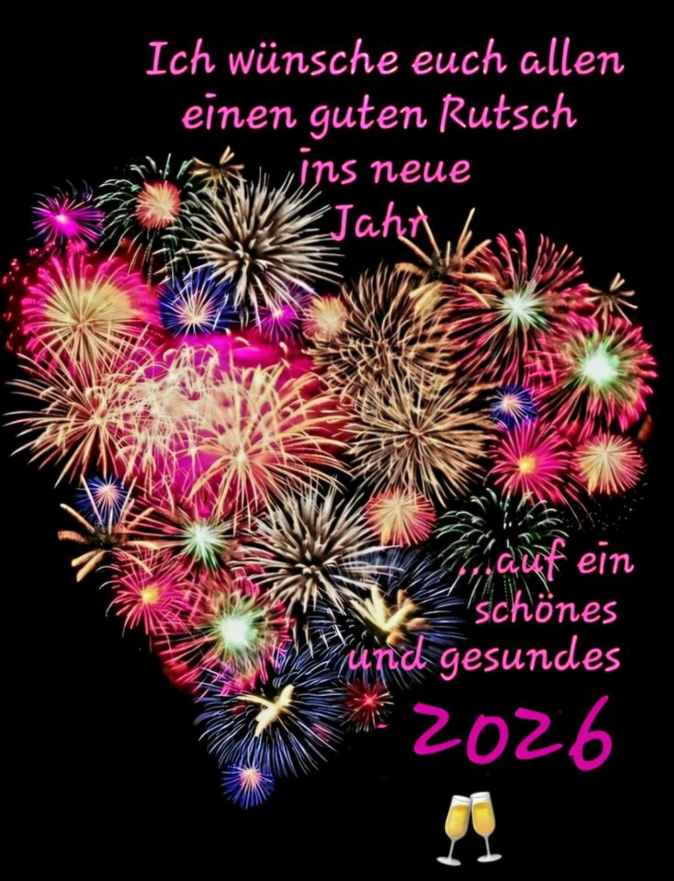 Colorful fireworks exploding in night sky with 2026 New Year's greeting in German and champagne toast illustration