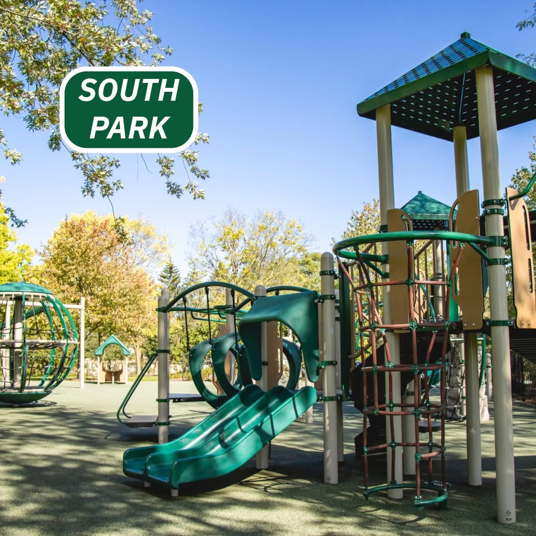 Green playground equipment with slides and climbing structures in a park with trees and blue sky