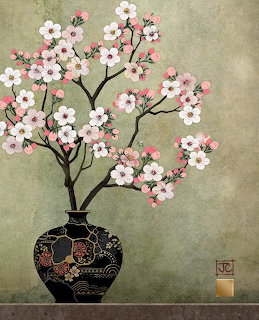 Illustration of pink and white cherry blossoms in a decorative black Japanese vase